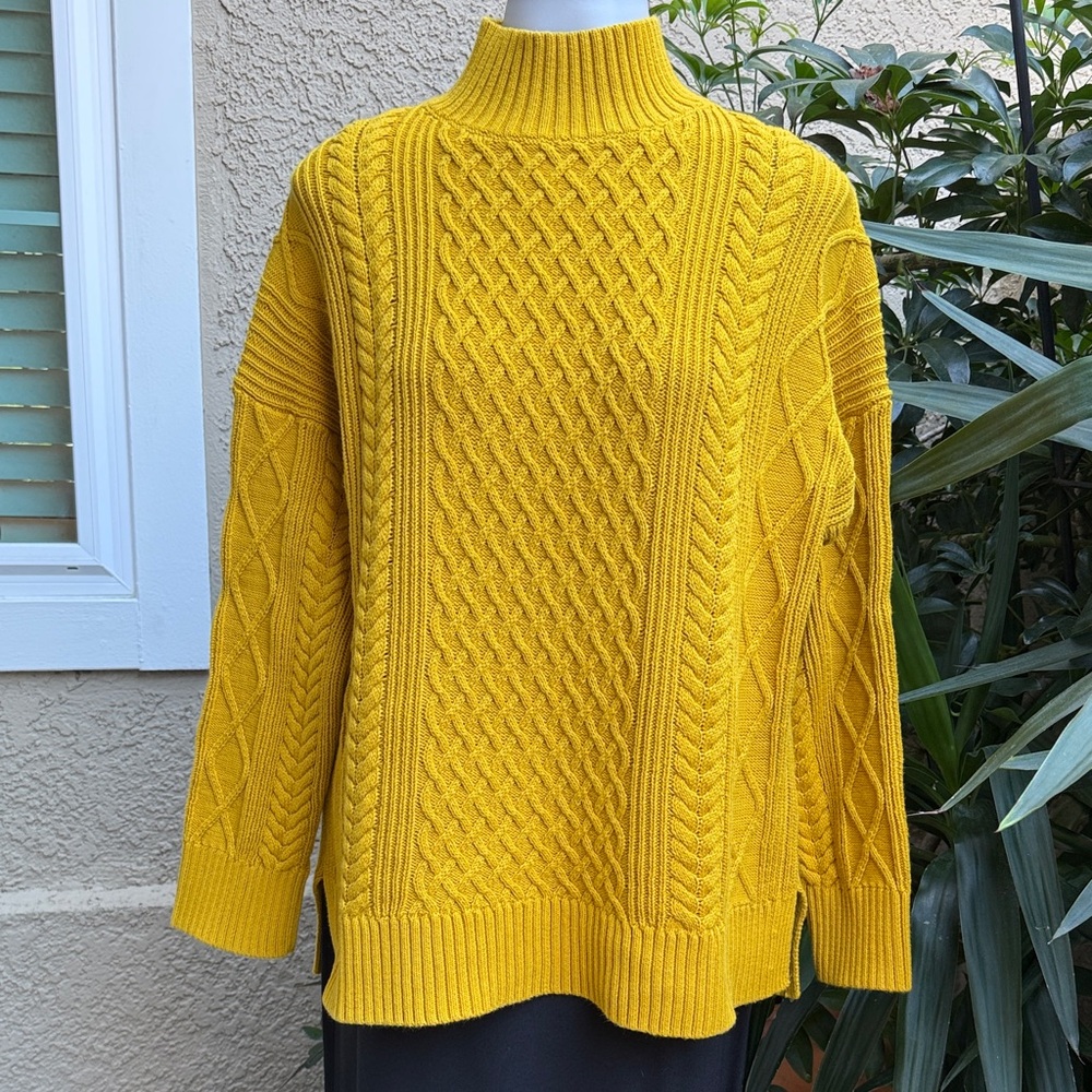 Vintage J. Crew Mustard Cable Knit Turtleneck Cotton Oversized Sweater